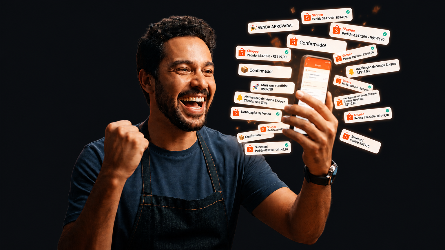 Vendedor feliz recebendo notificações de venda na Shopee